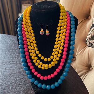 #154 - Beaded Necklace Set with Matching Earrings - Yellow, Pink & Blue
